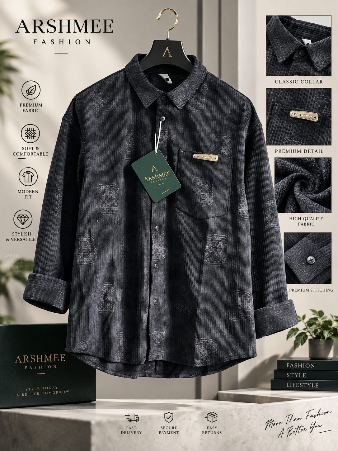 Arshmee Noir premium textured black shirt for men