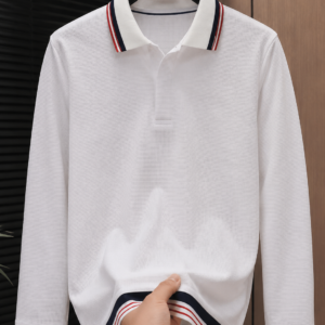 Men's white full sleeve polo t-shirt with navy blue and red striped collar, cuffs and hem