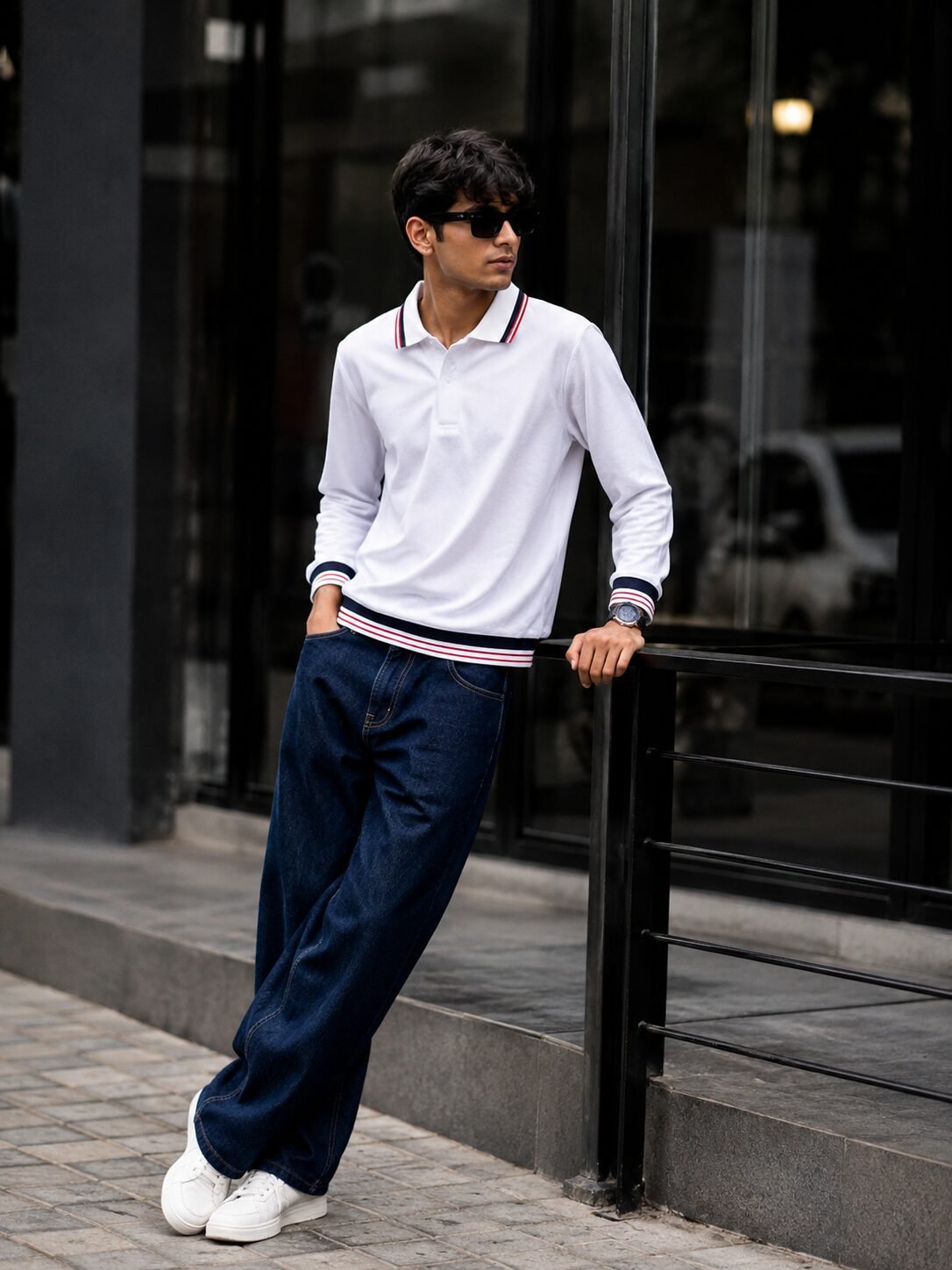 Men's White Full Sleeve Polo T-Shirt | Navy Red Collar