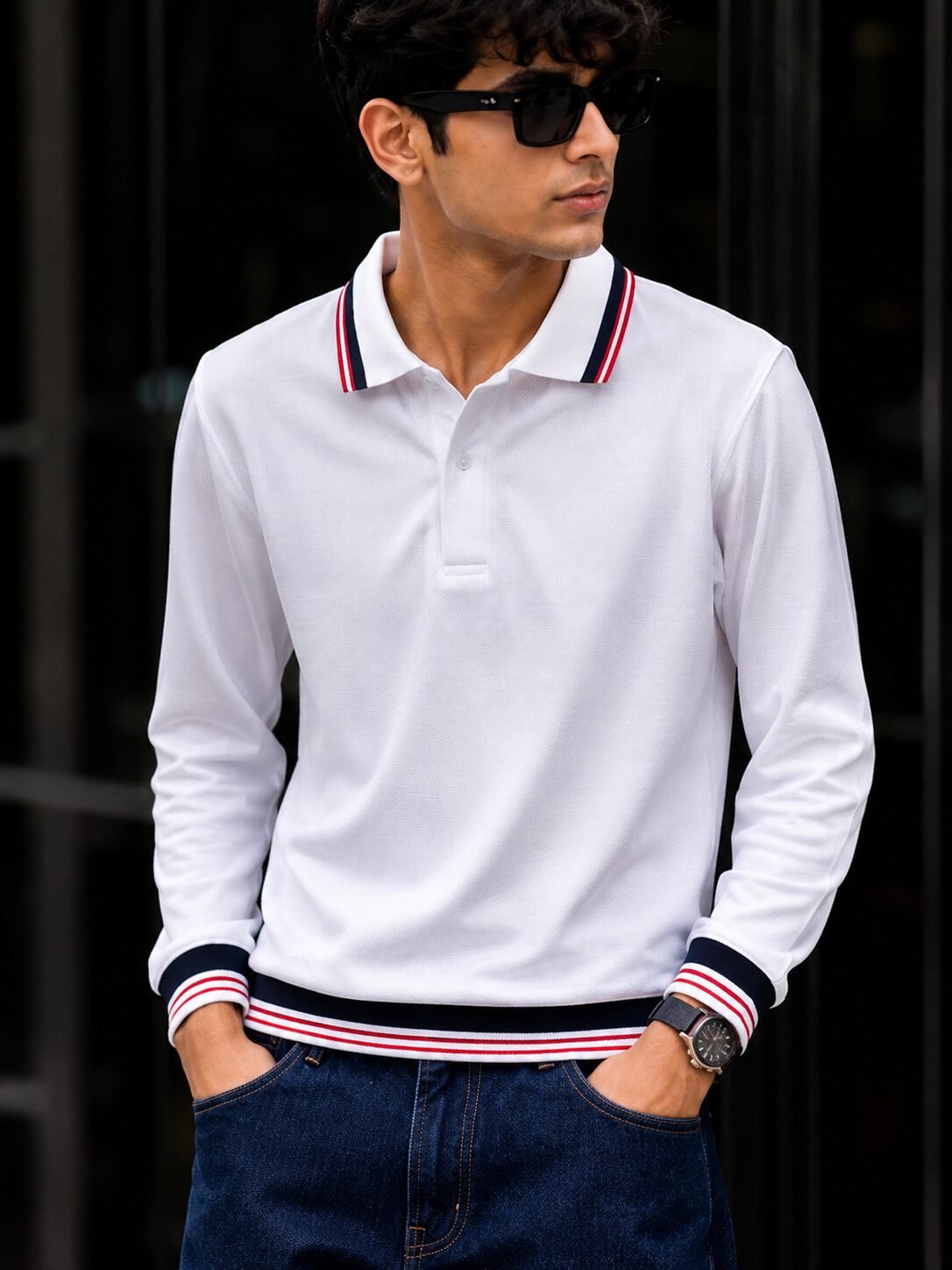 Men's White Full Sleeve Polo T-Shirt – Navy & Red Stripes