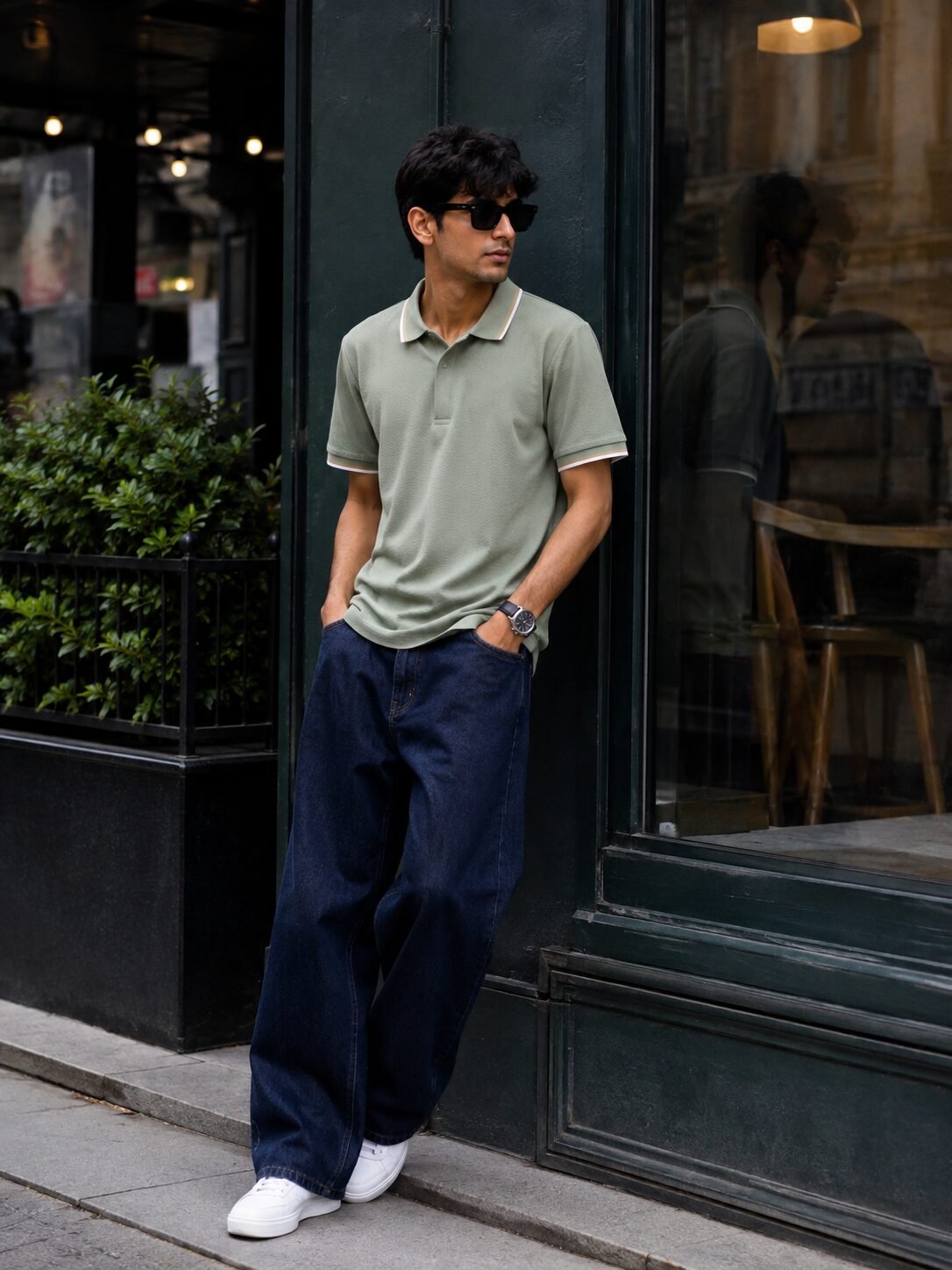 Men's sage green half sleeve polo t-shirt with striped collar