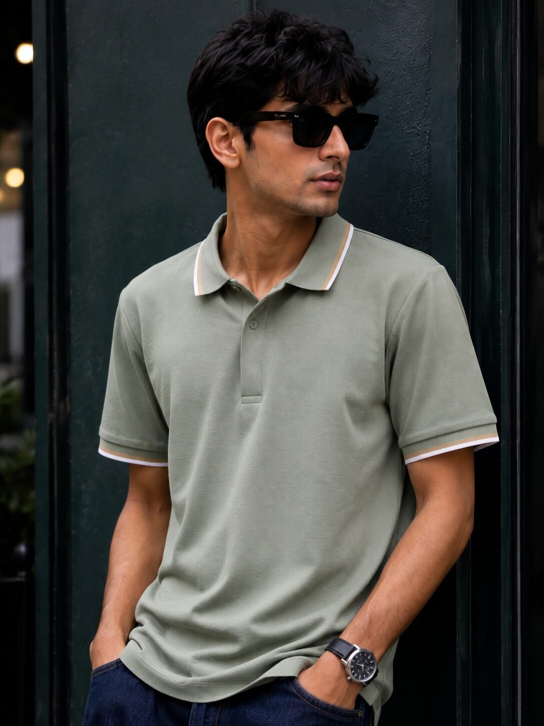 Men's sage green half sleeve polo t-shirt with striped collar
