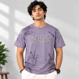 Purple splatter-print oversized t-shirt with SEA graphic typography, streetwear tee by Arshmee Fashion