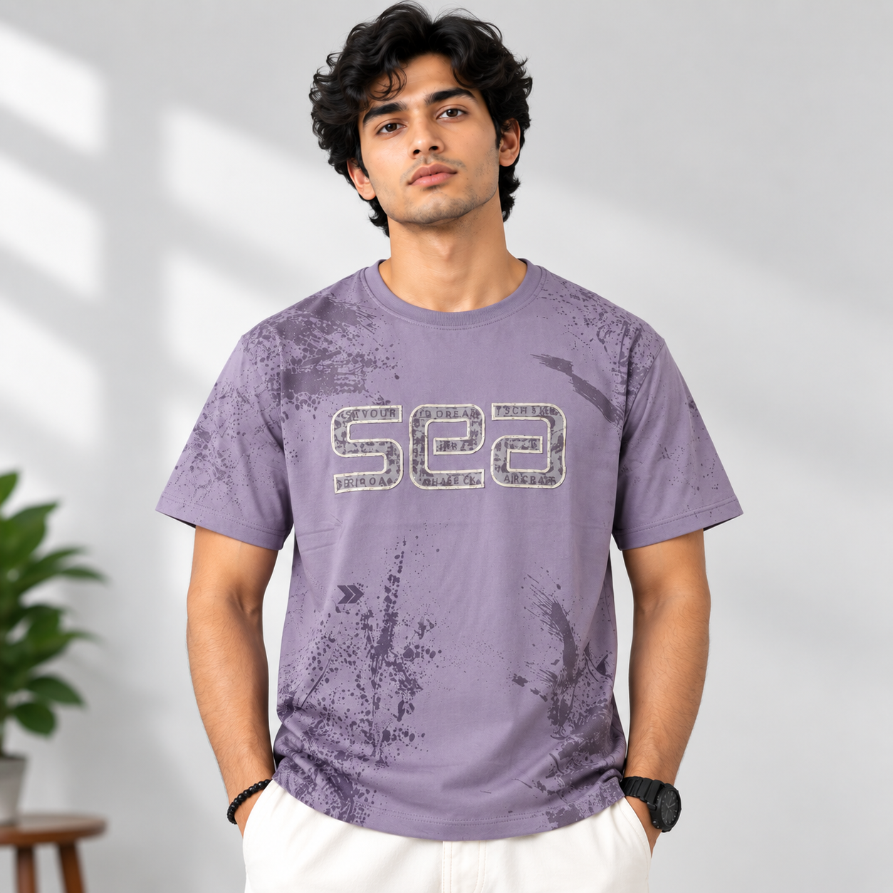 Purple splatter-print oversized t-shirt with SEA graphic typography, streetwear tee by Arshmee Fashion