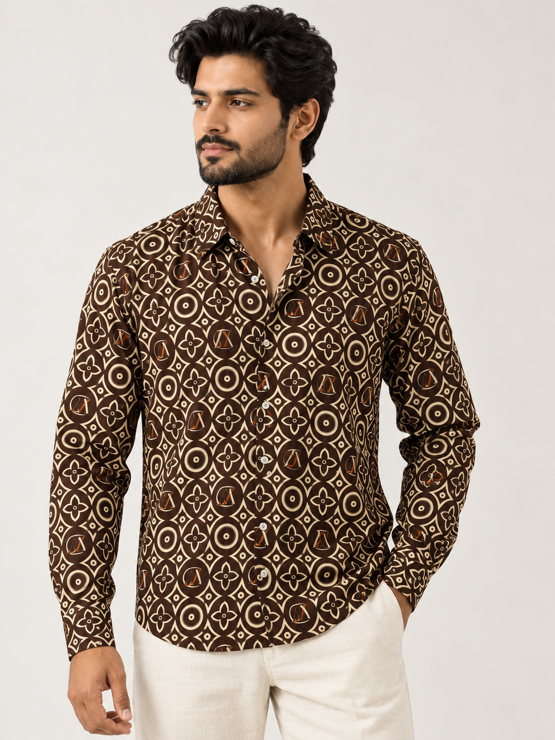 Premium Brown Printed Shirt – Geometric Pattern