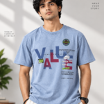 "Blue acid-wash oversized t-shirt with VALUE graphic print, streetwear design by Arshmee Fashion"