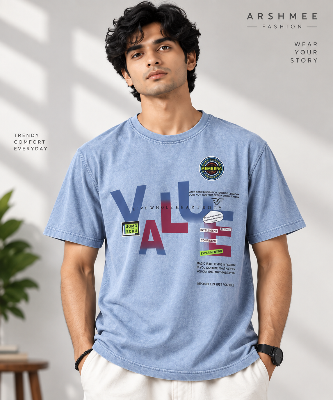 "Blue acid-wash oversized t-shirt with VALUE graphic print, streetwear design by Arshmee Fashion"