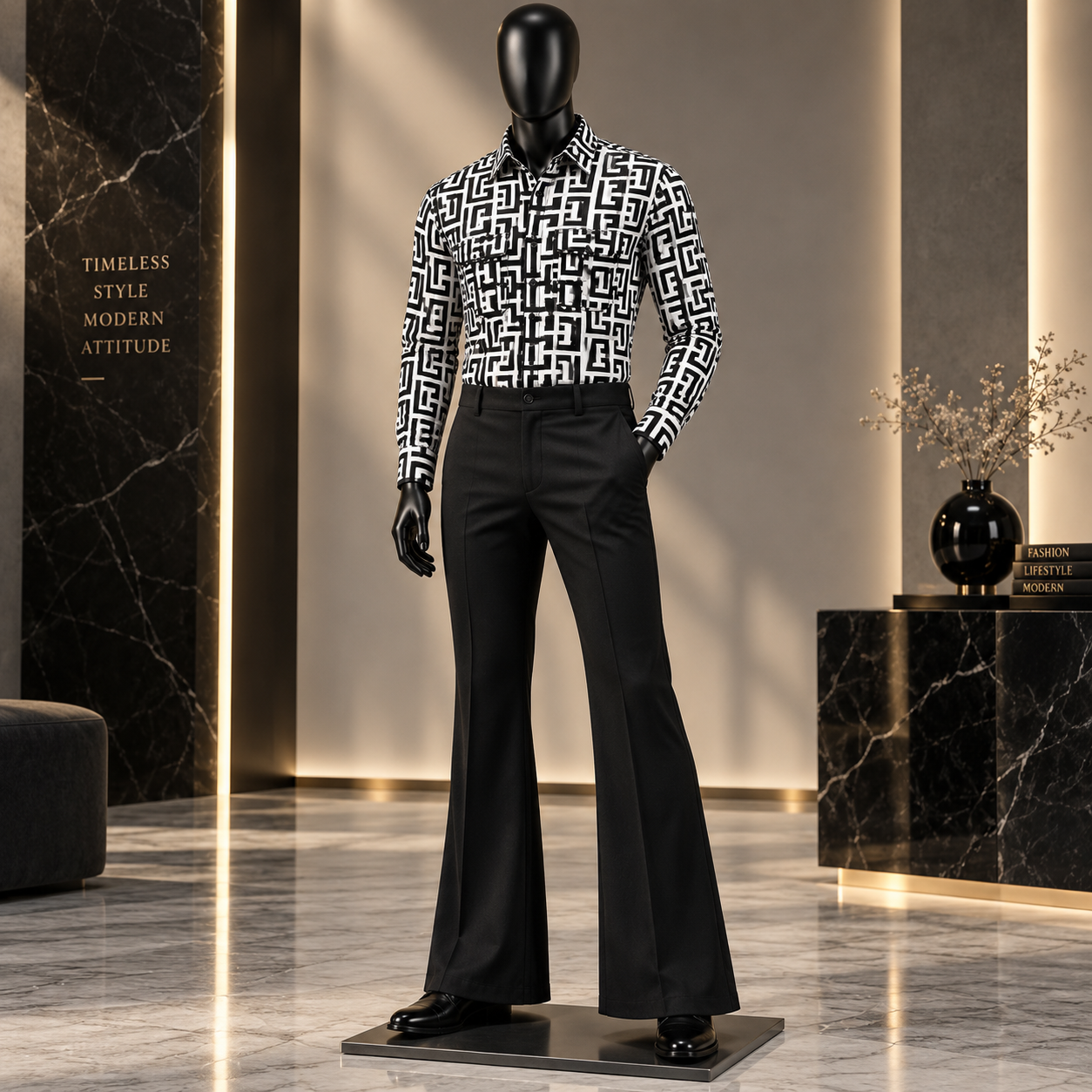 Monochrome Geometric Luxe Shirt & Black Bootcut Trouser Combo