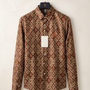 Premium brown printed shirt fabric with geometric pattern and detailed texture