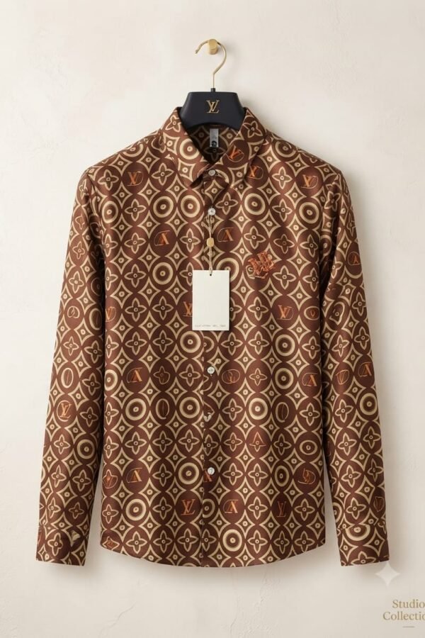 Premium brown printed shirt fabric with geometric pattern and detailed texture