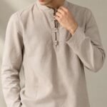 Close-up of beige short kurta for men showing Chinese knot buttons – Arshmee Fashion