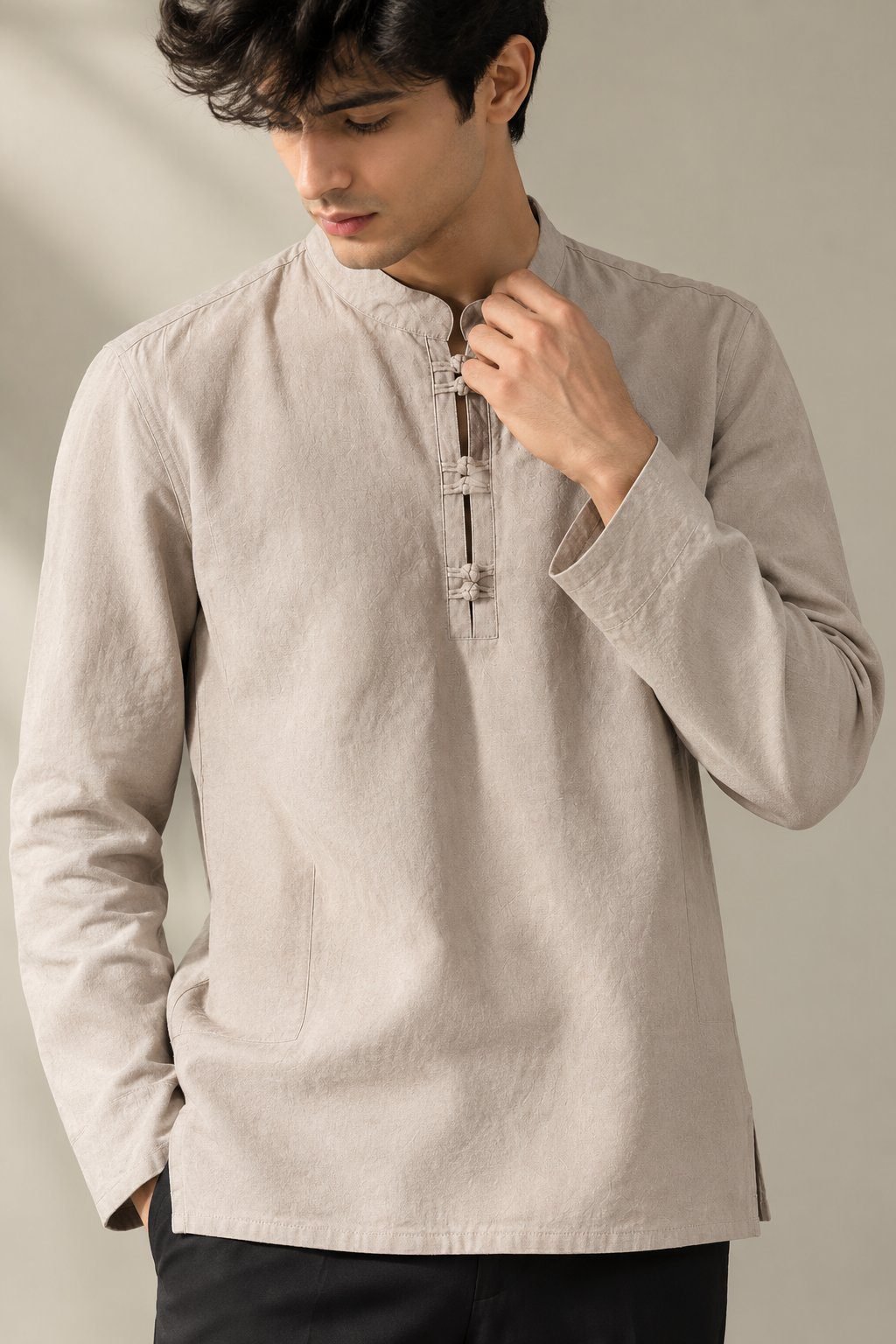 Close-up of beige short kurta for men showing Chinese knot buttons – Arshmee Fashion