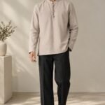 Man wearing beige mandarin collar kurta with black trousers and white sneakers – Arshmee Fashion
