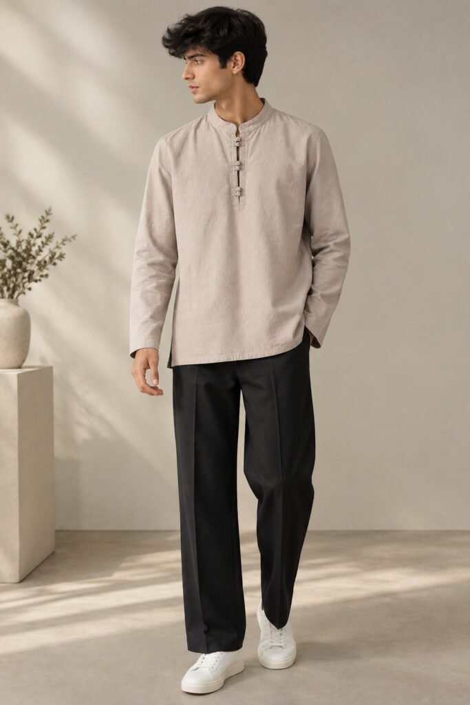 Man wearing beige mandarin collar kurta with black trousers and white sneakers – Arshmee Fashion