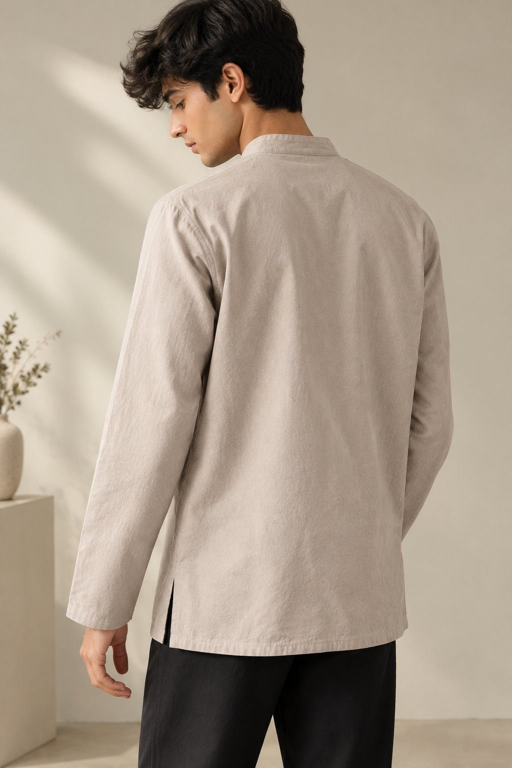 Back view of men's beige short kurta with side slits – Arshmee Fashion