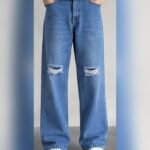 Men's light blue knee ripped wide leg baggy jeans front view – Arshmee Fashion