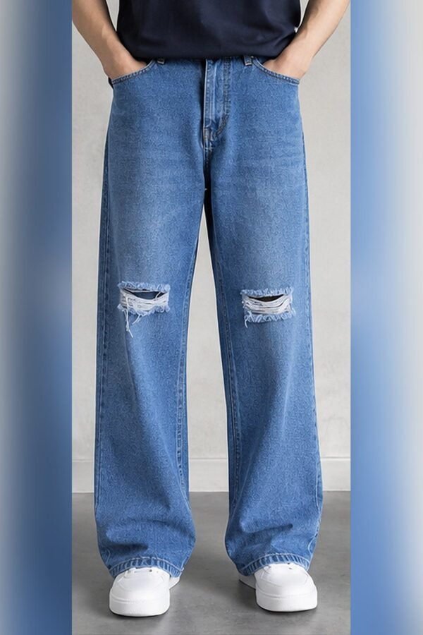 Men's light blue knee ripped wide leg baggy jeans front view – Arshmee Fashion