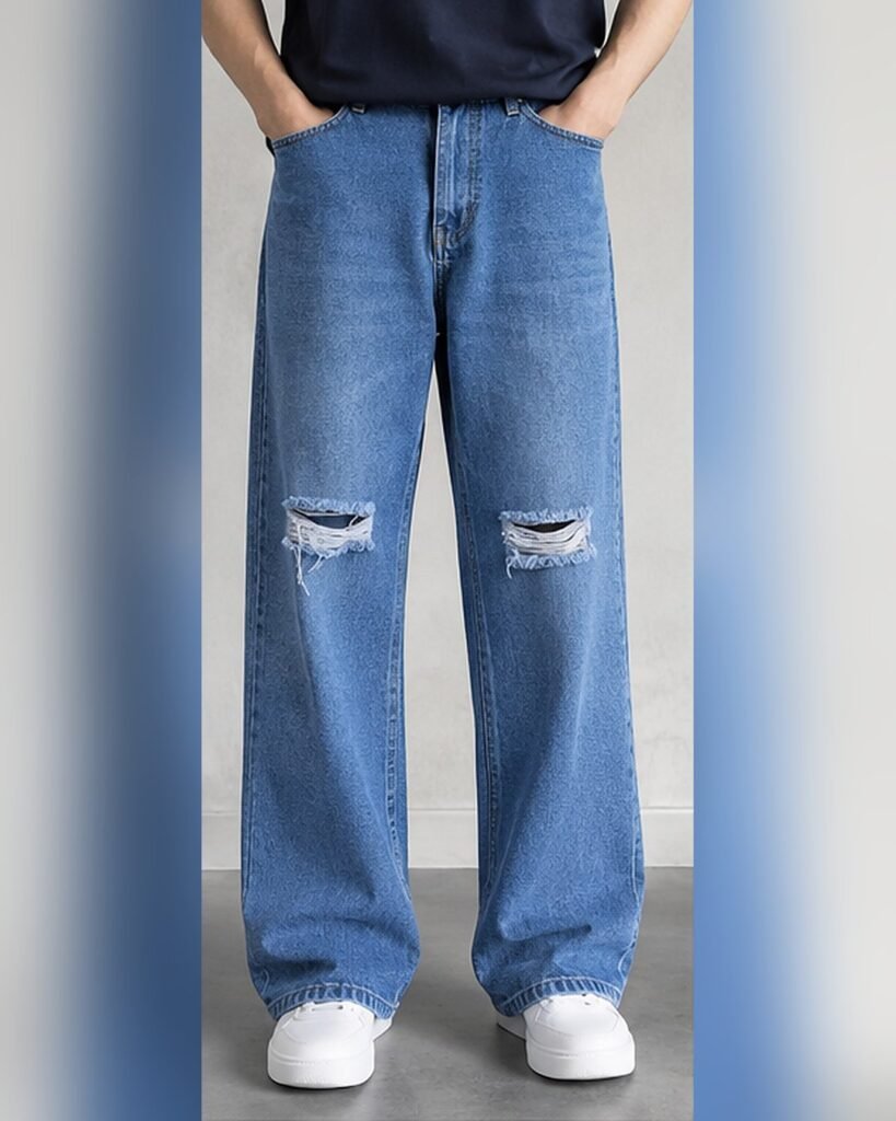 Men's light blue knee ripped wide leg baggy jeans front view – Arshmee Fashion