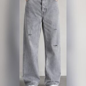 Men's grey washed ripped wide leg baggy jeans front view with white sneakers – Arshmee Fashion