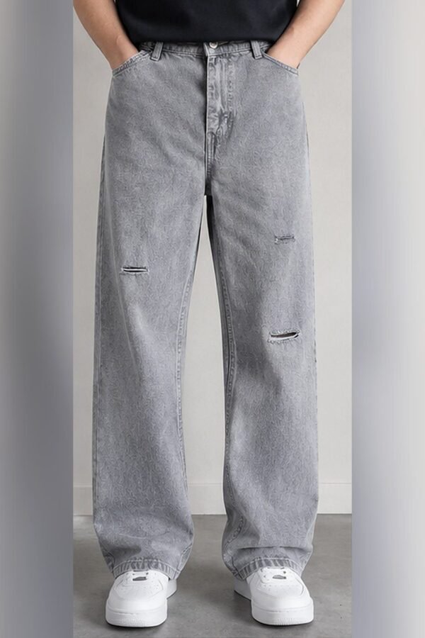 Men's grey washed ripped wide leg baggy jeans front view with white sneakers – Arshmee Fashion