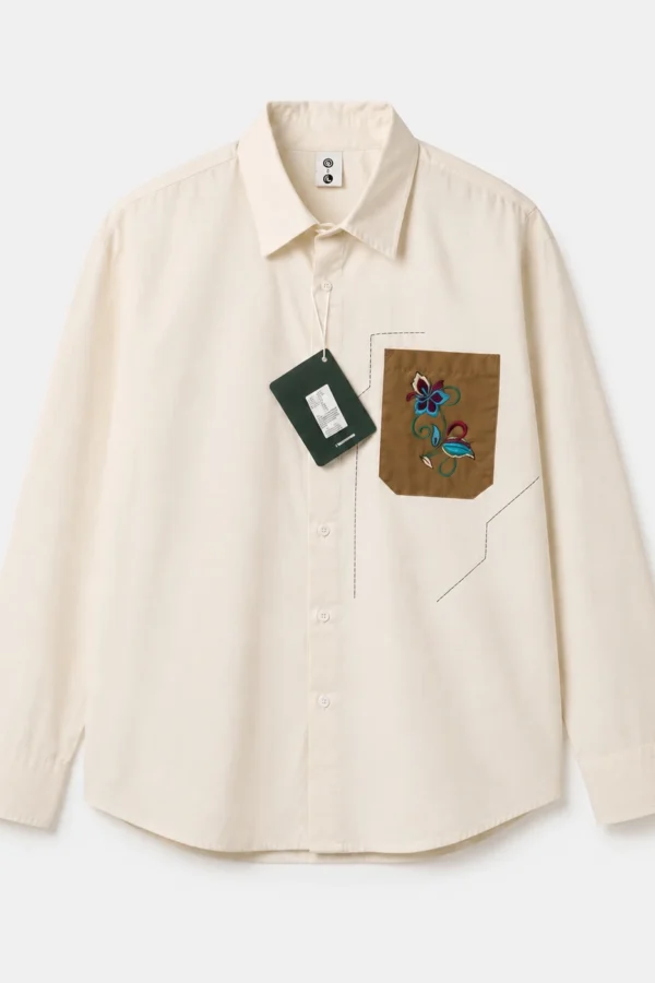 Men's Off-White Floral Embroidered Pocket Full Sleeve Casual Shirt