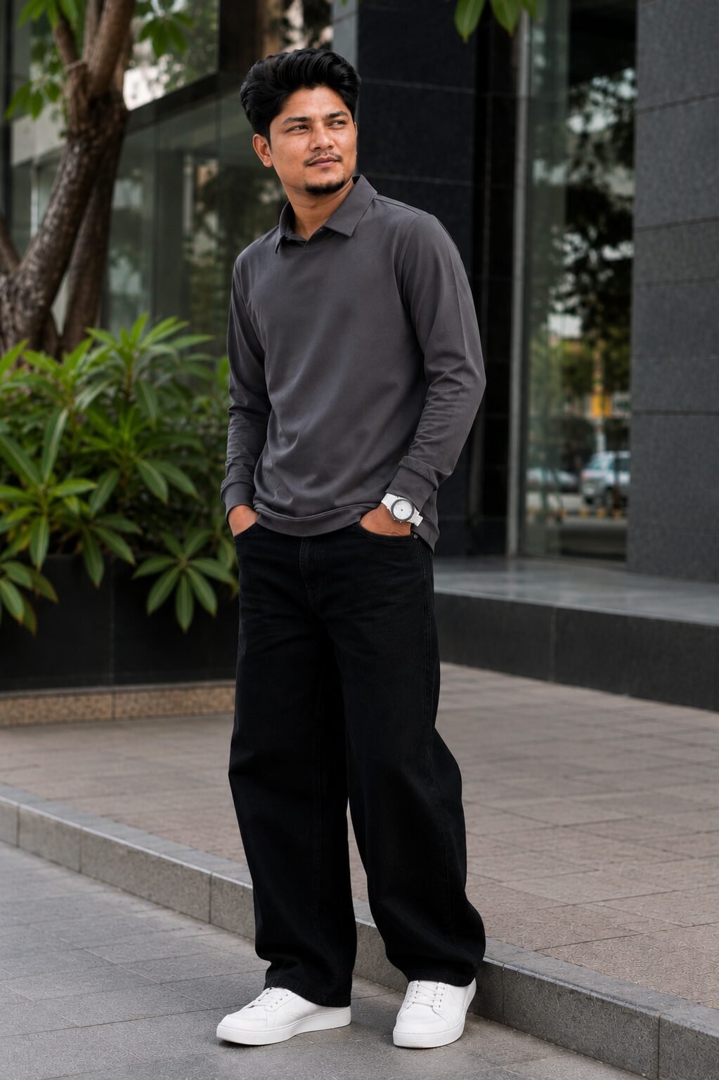 Men's Charcoal Grey Full Sleeve Collared T-Shirt