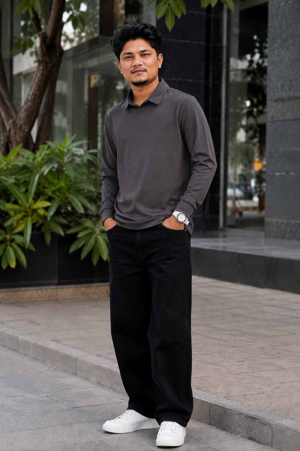 Men's Charcoal Grey Full Sleeve Collared T-Shirt