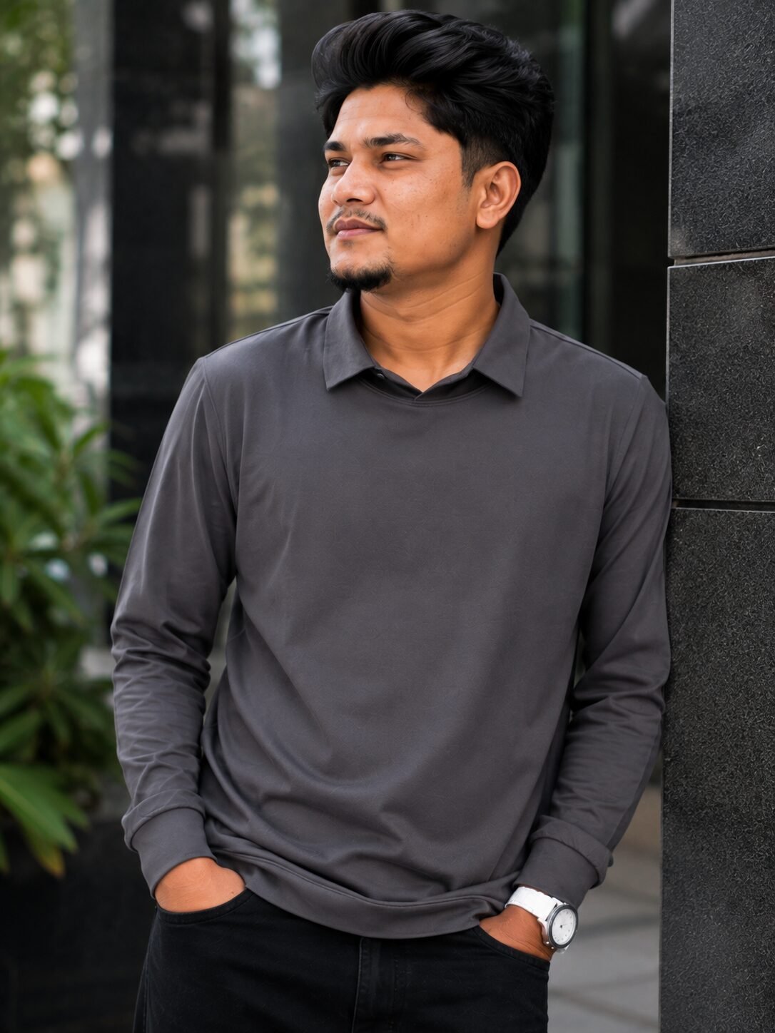 Men's Charcoal Grey Full Sleeve Collared T-Shirt