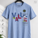 "Blue acid-wash oversized t-shirt with VALUE graphic print, streetwear design by Arshmee Fashion"
