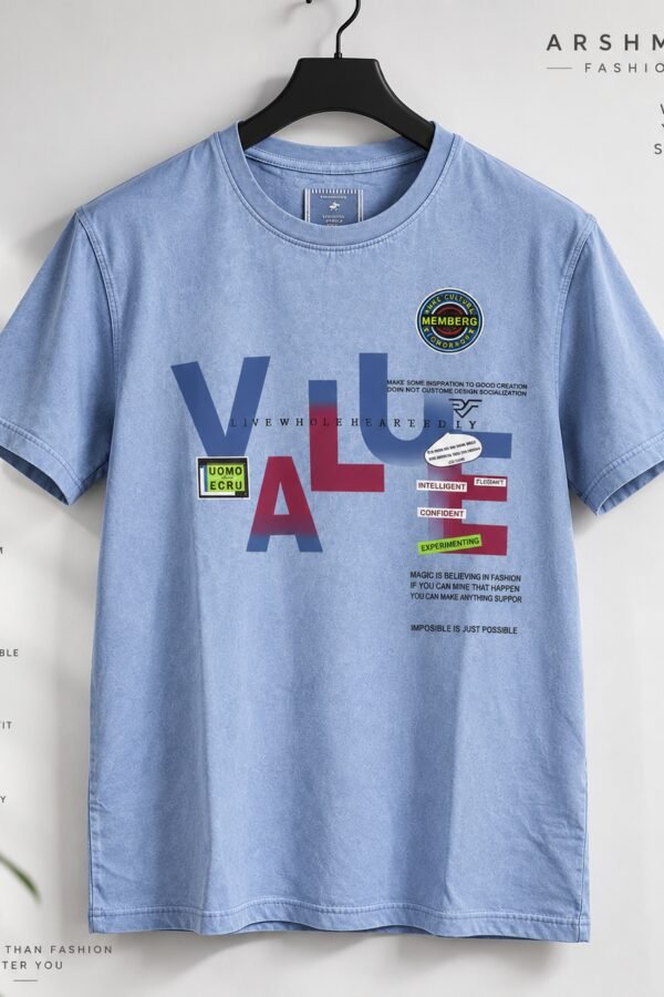 "Blue acid-wash oversized t-shirt with VALUE graphic print, streetwear design by Arshmee Fashion"