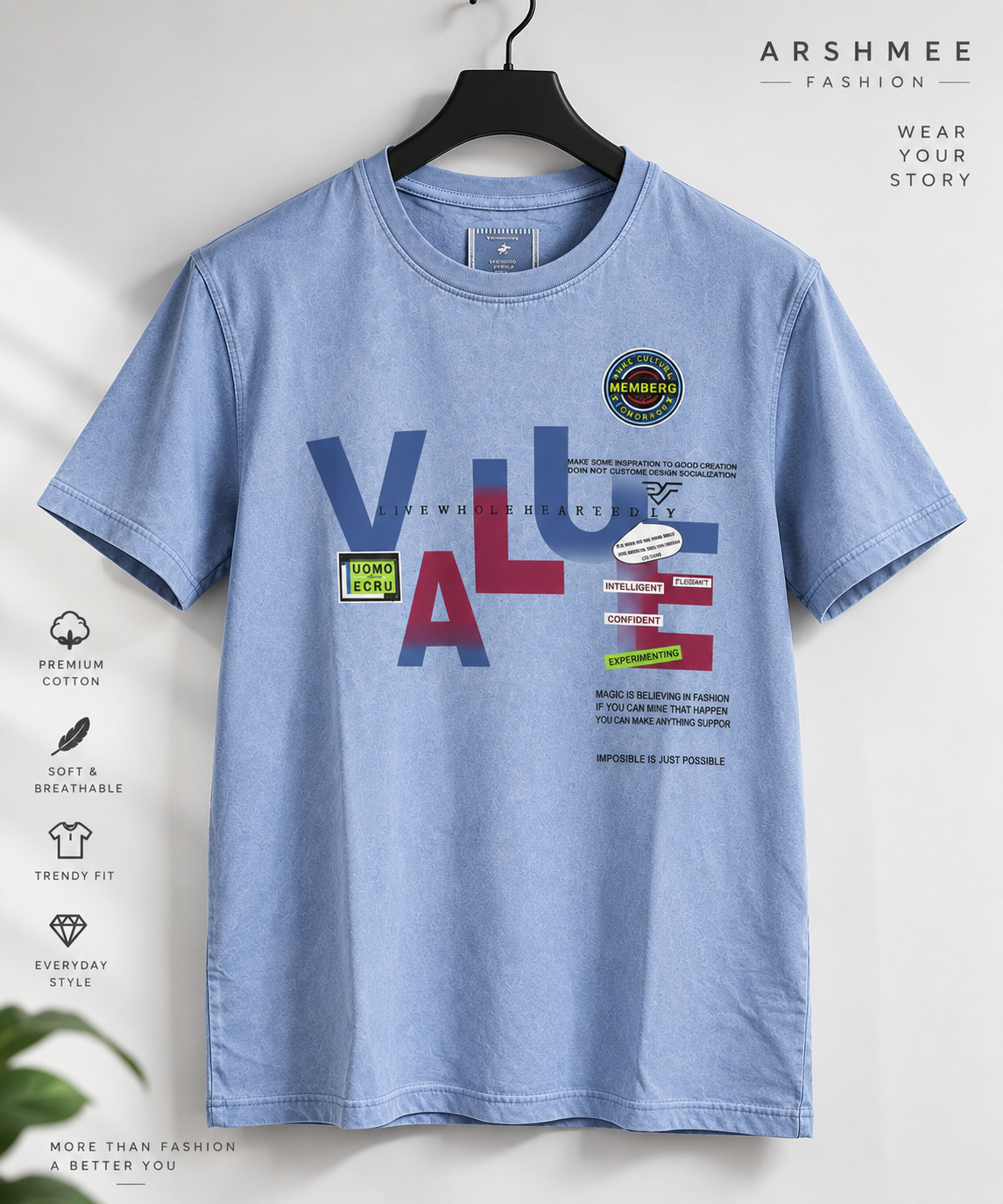 "Blue acid-wash oversized t-shirt with VALUE graphic print, streetwear design by Arshmee Fashion"