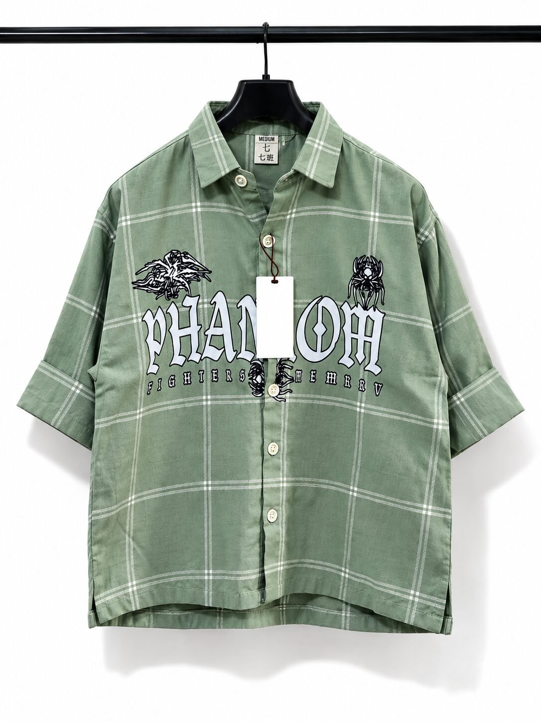 Sage green check boxy fit half sleeve printed shirt for men - Arshmee Fashion