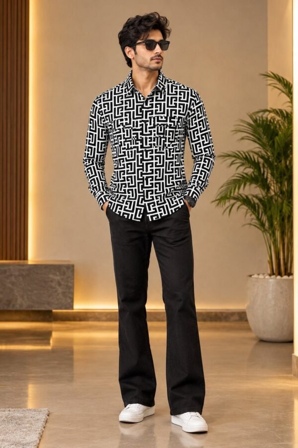 Men wearing black and white geometric print full sleeve shirt with black bootcut trouser full pair combo - Arshmee Fashion