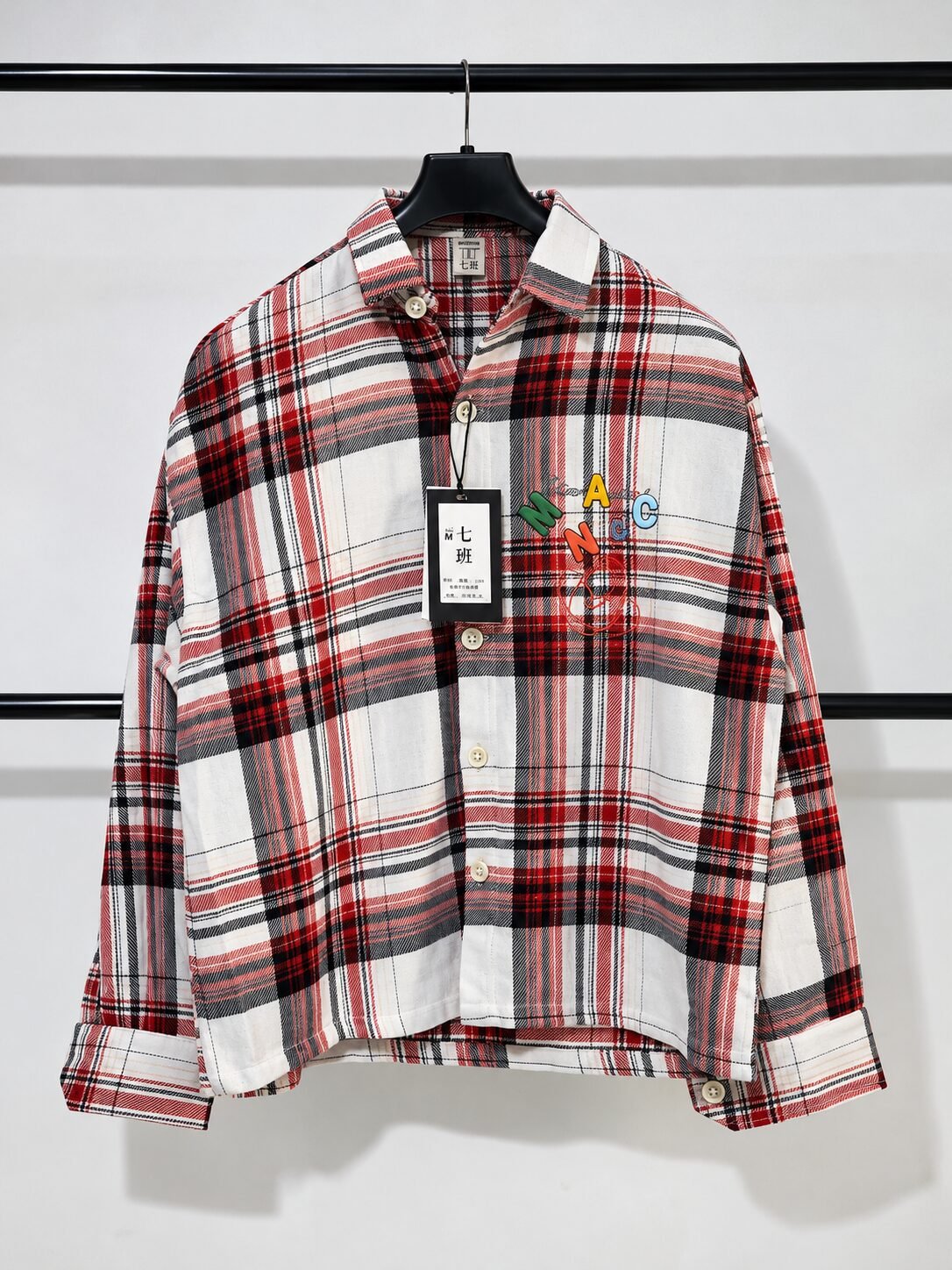 Red and white check flannel boxy fit full sleeve shirt for men on hanger - Arshmee Fashion