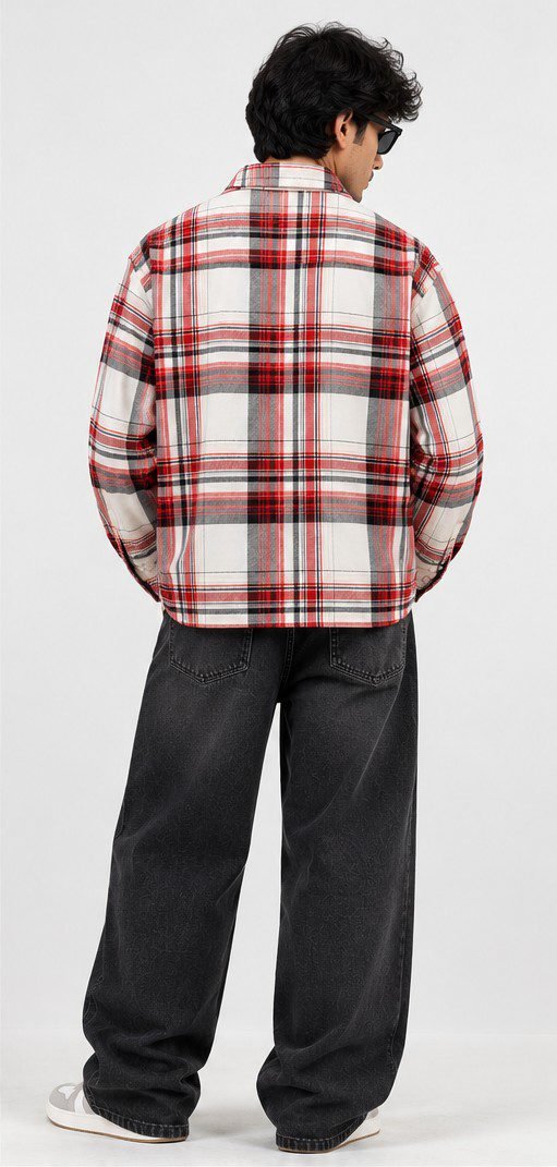 Red and white check flannel boxy fit shirt for men - back view - Arshmee Fashion
