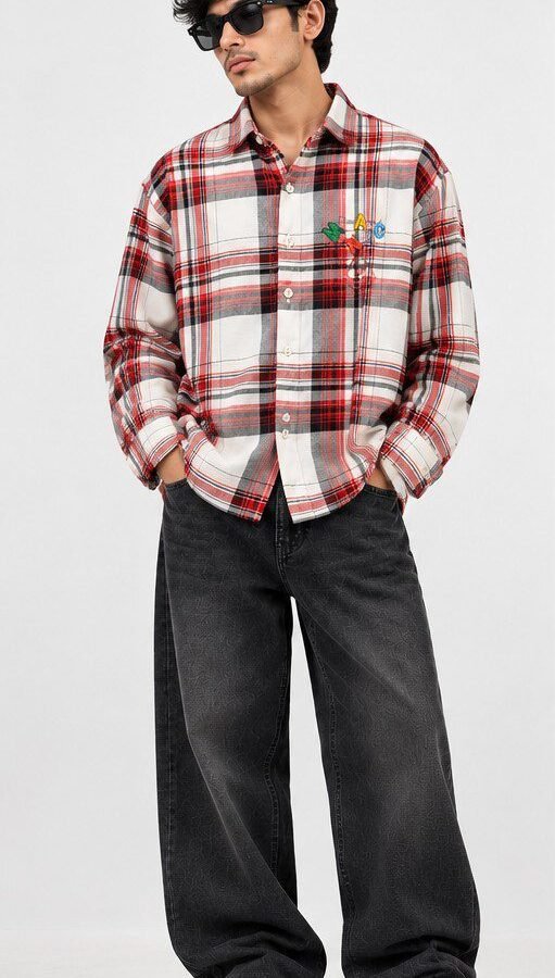 Red and white check flannel boxy fit full sleeve shirt for men with black baggy jeans - front view - Arshmee Fashion