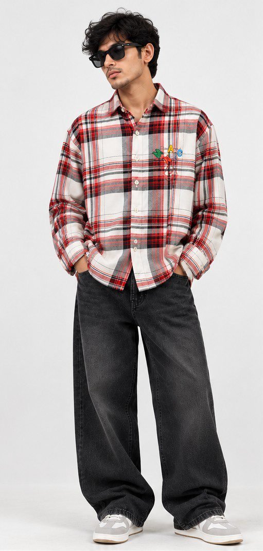 Red and white check flannel boxy fit full sleeve shirt for men with black baggy jeans - front view - Arshmee Fashion