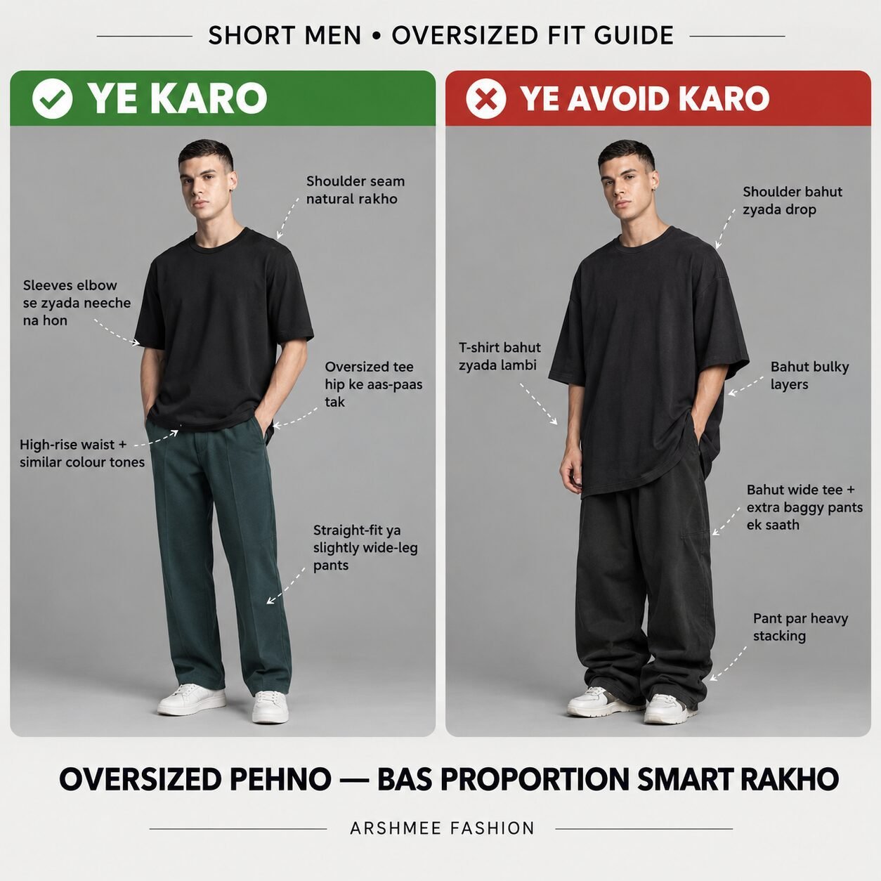Short men oversized fit guide - kya karein aur kya avoid karein, oversized tee aur pant proportion